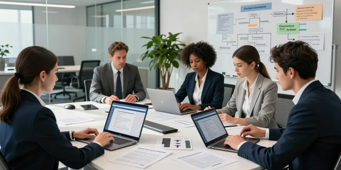 Collaborative team using document fraud detection tools in a modern office setting