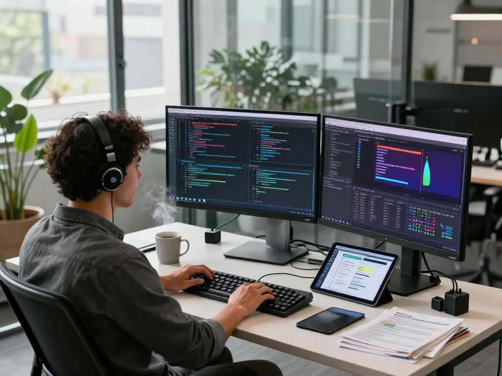 Innovative developer workspace with screens and coding elements showcasing Juicy ai technology.