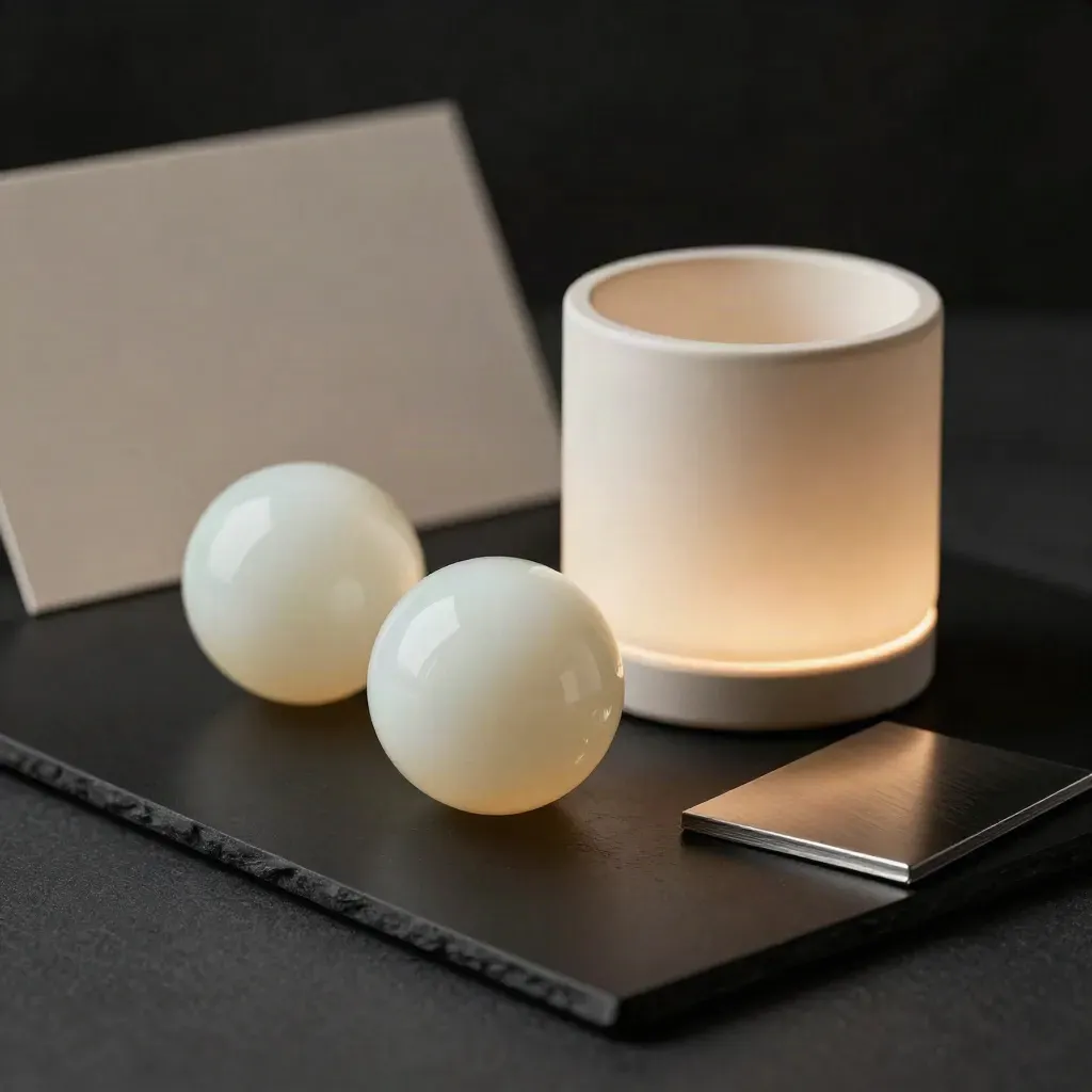 Sfere opaline, diffusore ceramico e campione metallico su fondo nero, luce radente calda.