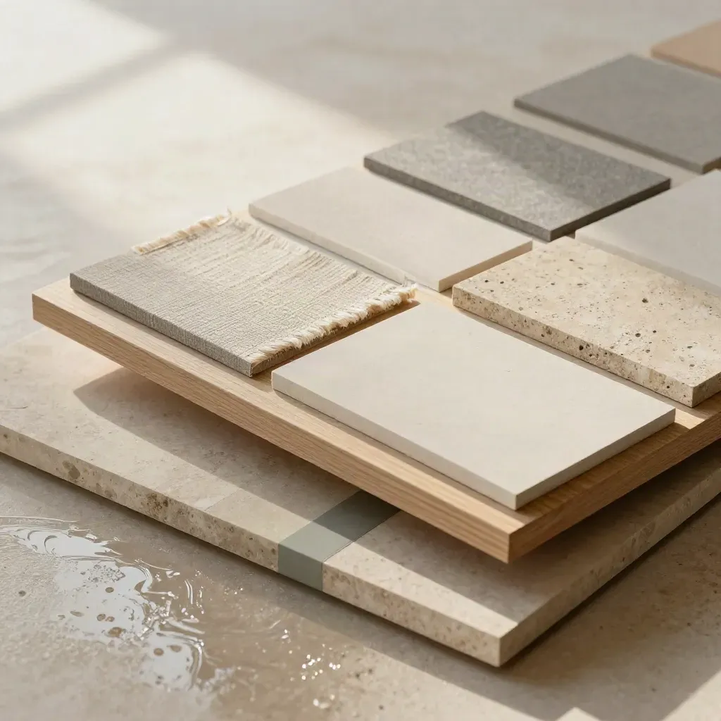 Tavola materiali in rovere, calce, lino e pietra sabbia sopra lastra bagnata, luce salvia.