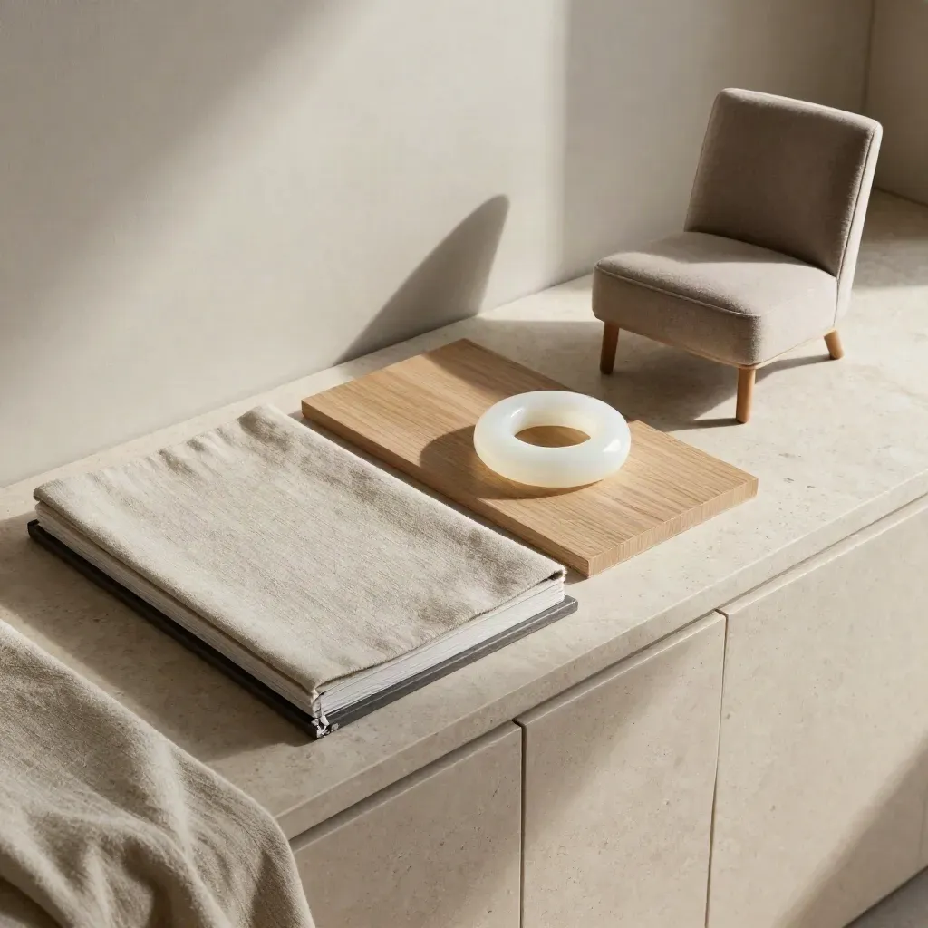 Kit luce e arredi su nicchia living con campioni materici e luce morbida.