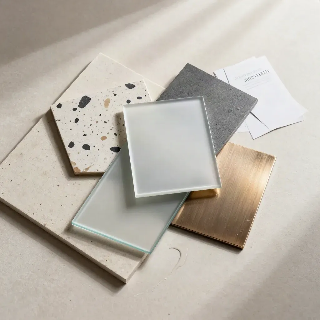 Campioni bagno in pietra, terrazzo, vetro satinato e metallo su lastra chiara con card discreta.