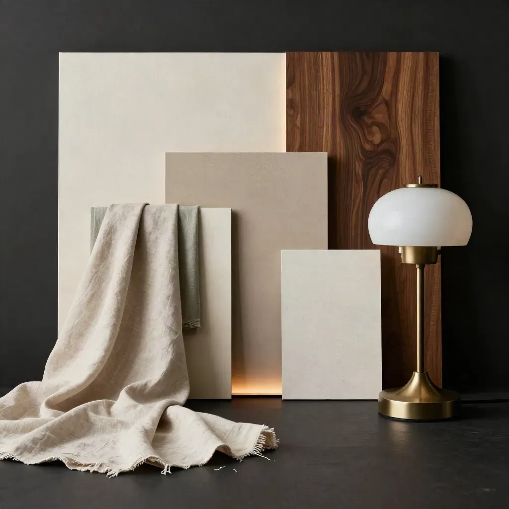 Board per boutique hotel con tessuti, legno scuro e lampada su fondo scuro