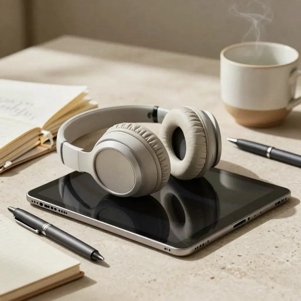 Tablet spento, cuffie, taccuino chiuso e tazza in ceramica su piano chiaro