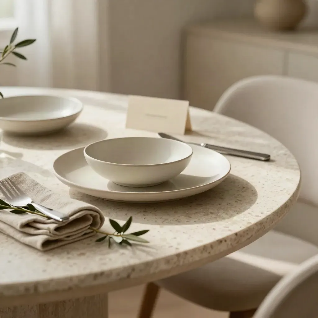 Mise en place elegante con ceramiche basse, lino e ramoscello d’ulivo su tavolo in travertino.