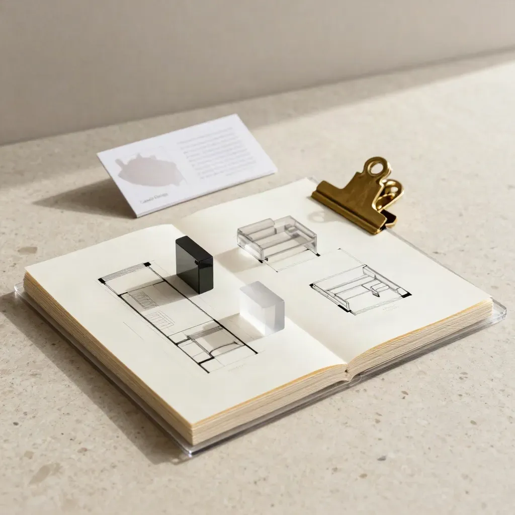 Kit di planimetria funzionale su travertino con blocchi arredo in acrilico e clip in ottone.