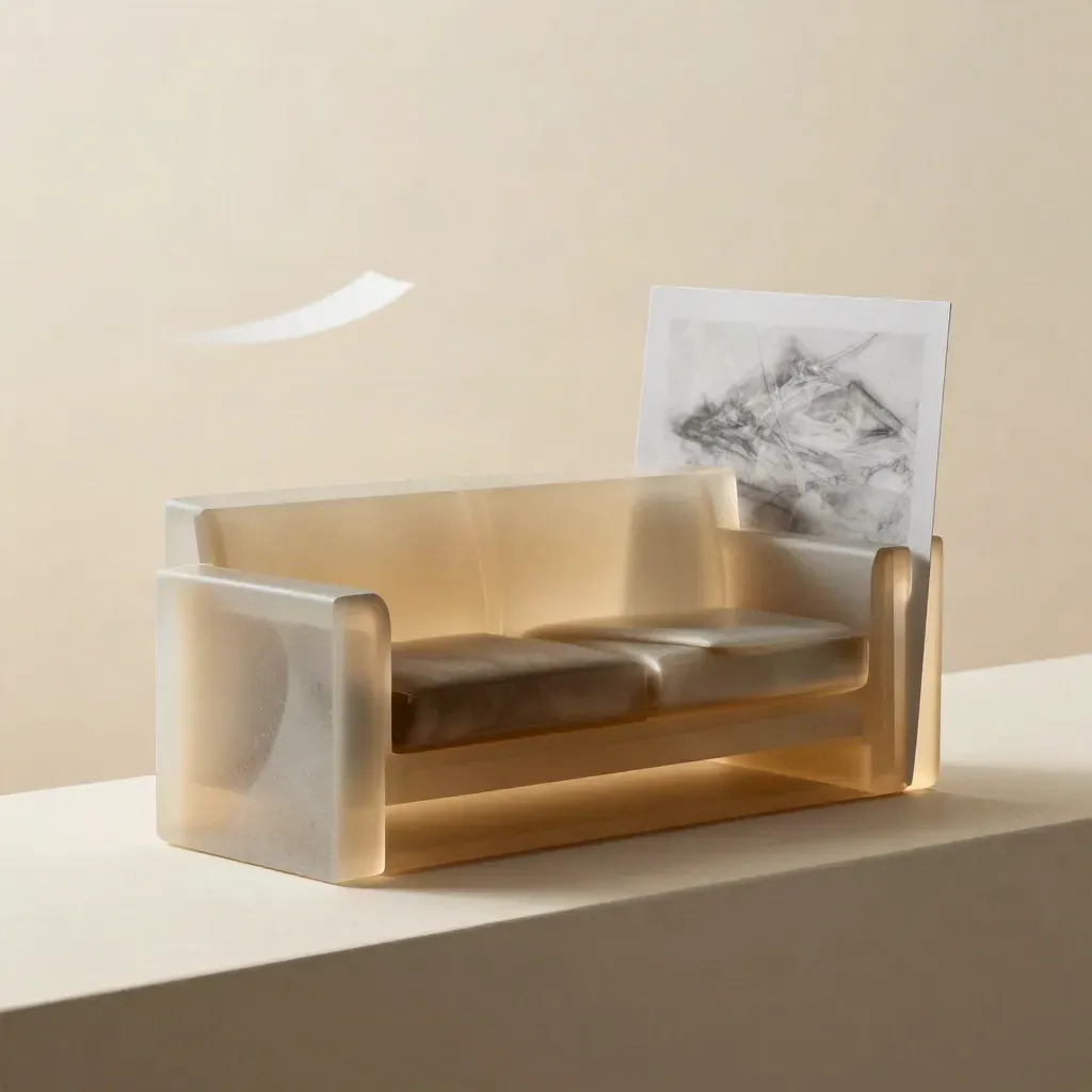 Macro di un render soggiorno traslucido con divano tortora e ombre sovrapposte.