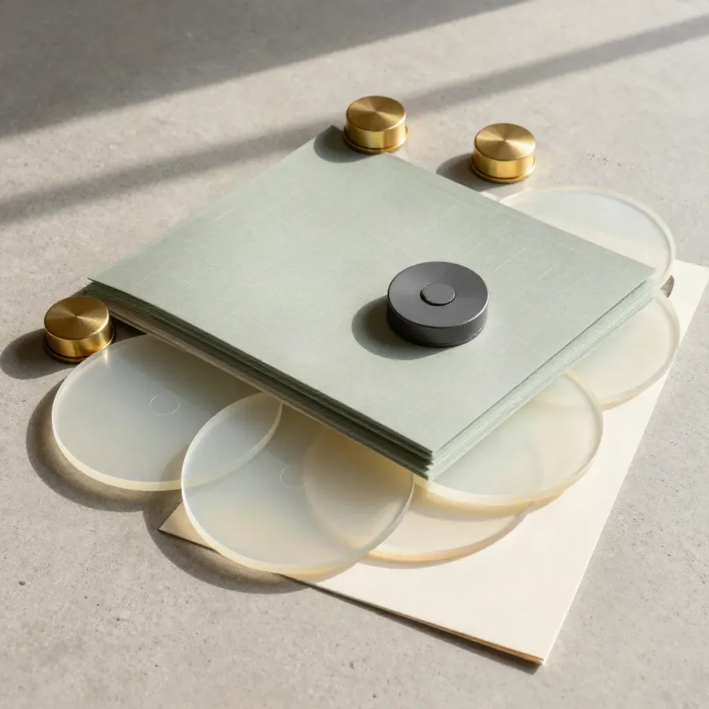 Flat lay dall’alto con dischi opalini, cappucci in ottone e chip dimmer su pietra chiara.