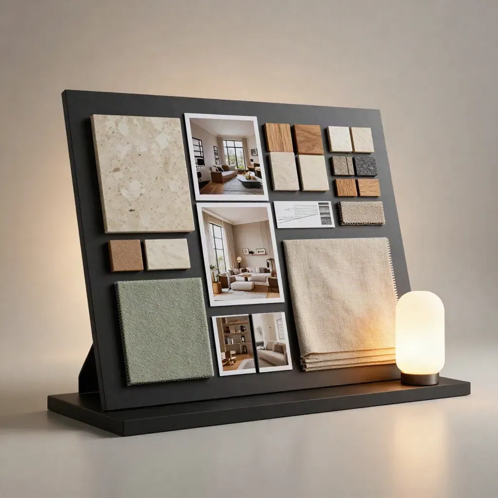 Tavola mood completa con campioni, render e lampada in studio, luce drammatica.