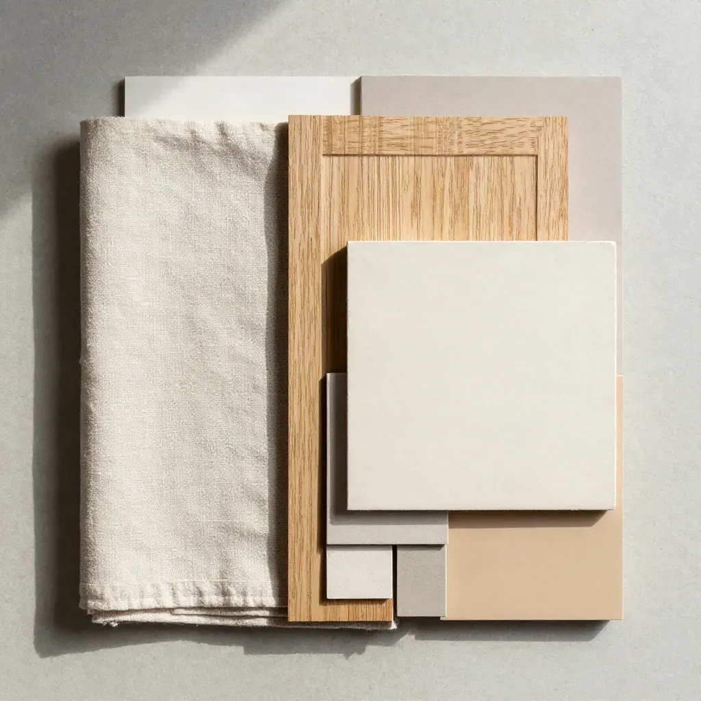 Flat lay di materiali moodboard con lino, rovere, calce e campioni pittura su cemento chiaro.