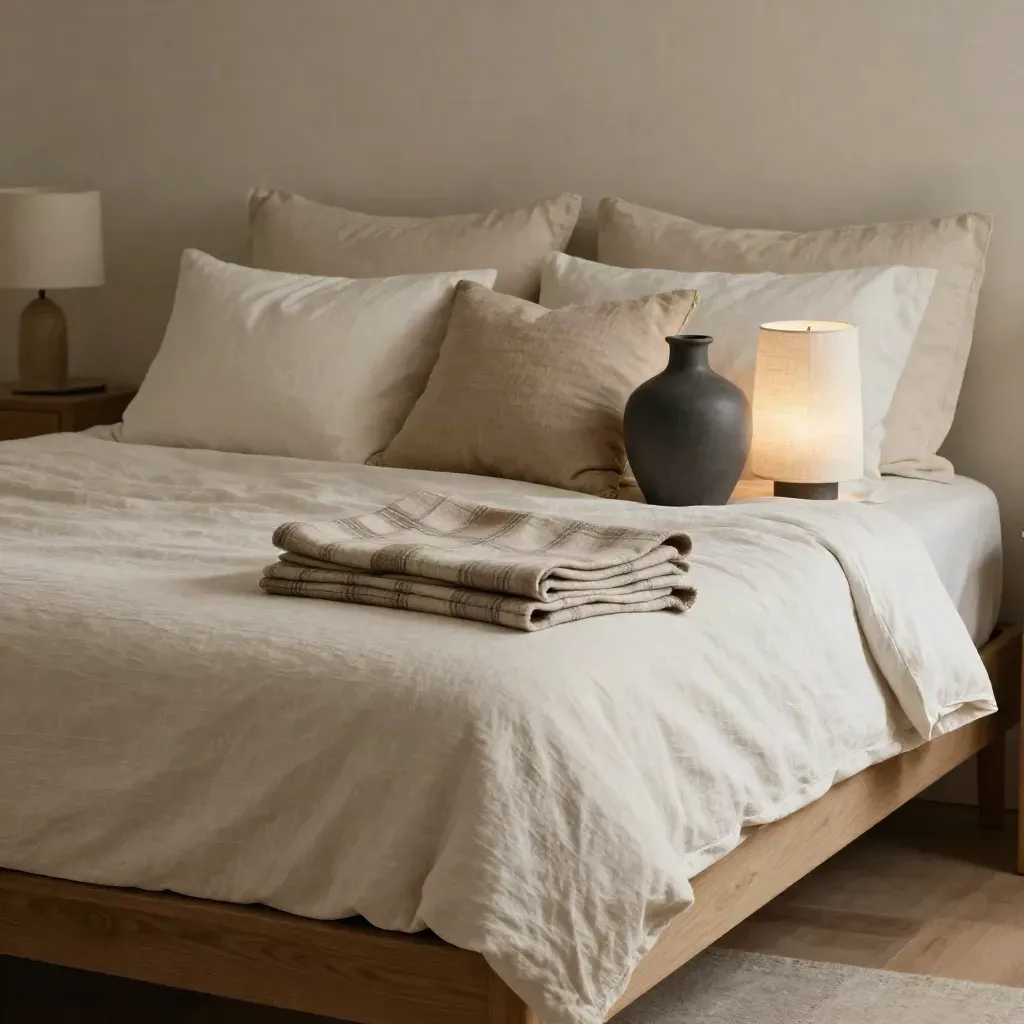 Letto rifatto con cuscini, plaid, vaso e abat-jour in luce morbida