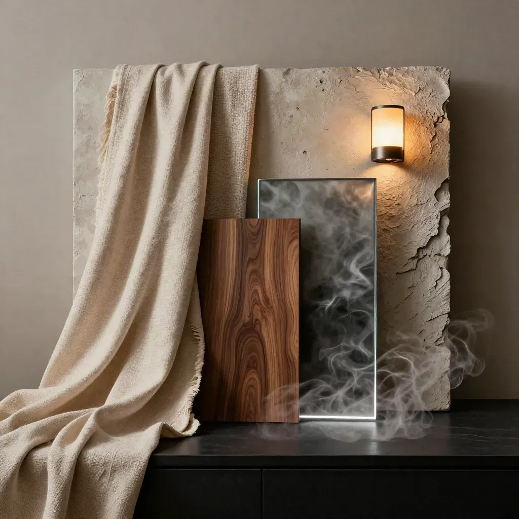 Kit restyling boutique hotel con tessuti, noce, vetro flautato e lampada a parete.