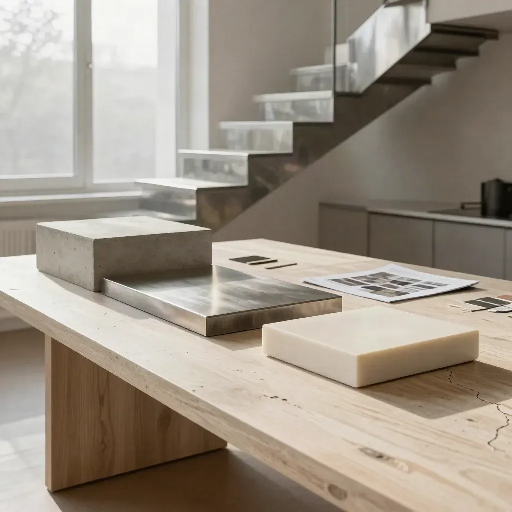 Modello architettonico di loft milanese con cemento, rovere e acciaio su tavolo chiaro