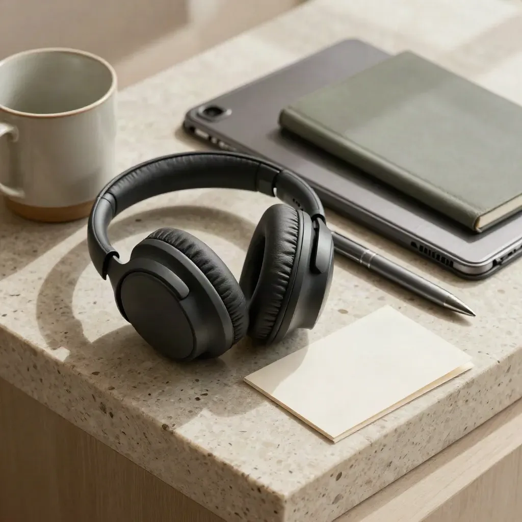 Kit call di progetto con cuffie, tablet spento, tazza in ceramica e taccuino su pietra chiara.