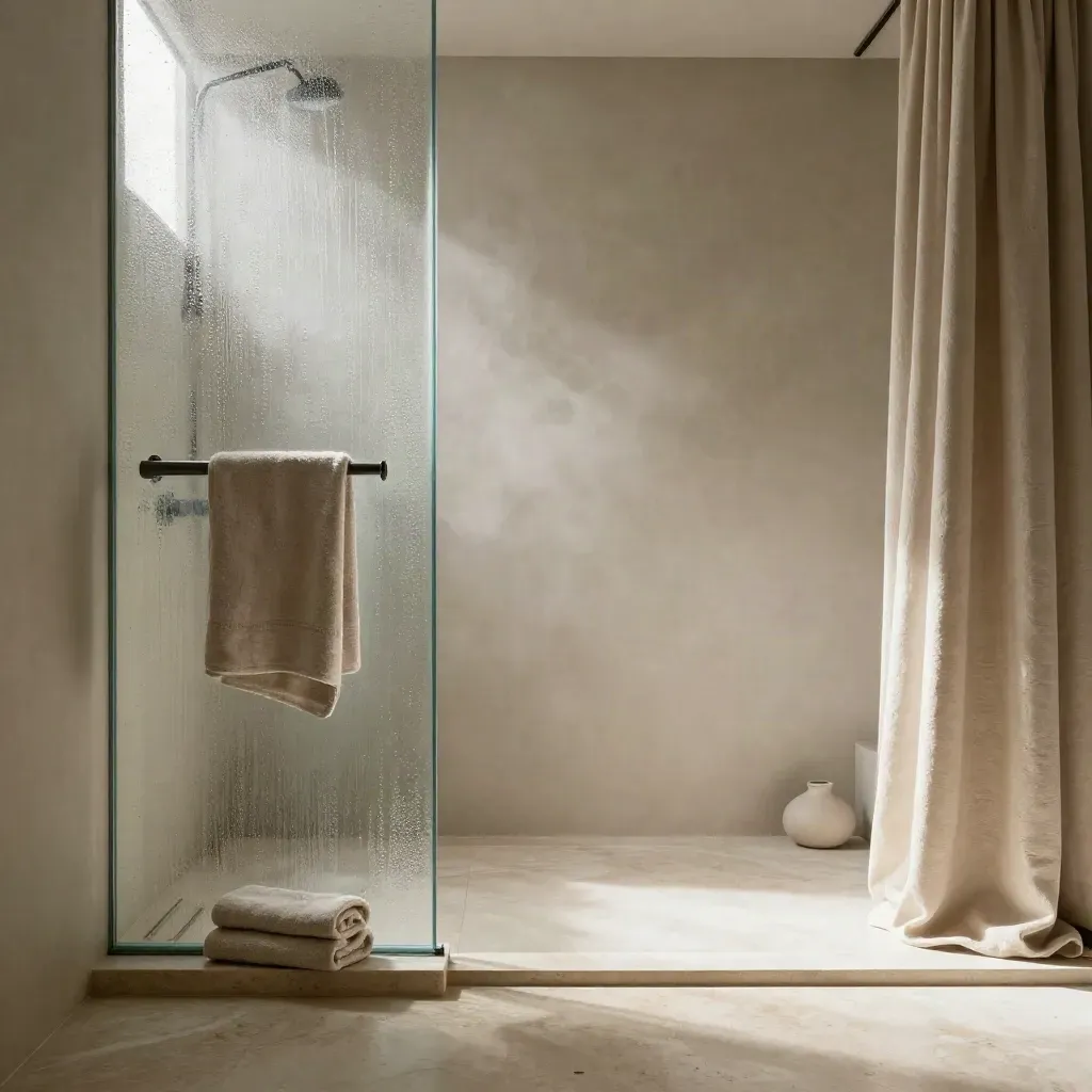 Bagno spa luminoso con vetro flautato, lino arrotolato e toni salvia su fondo calmo.