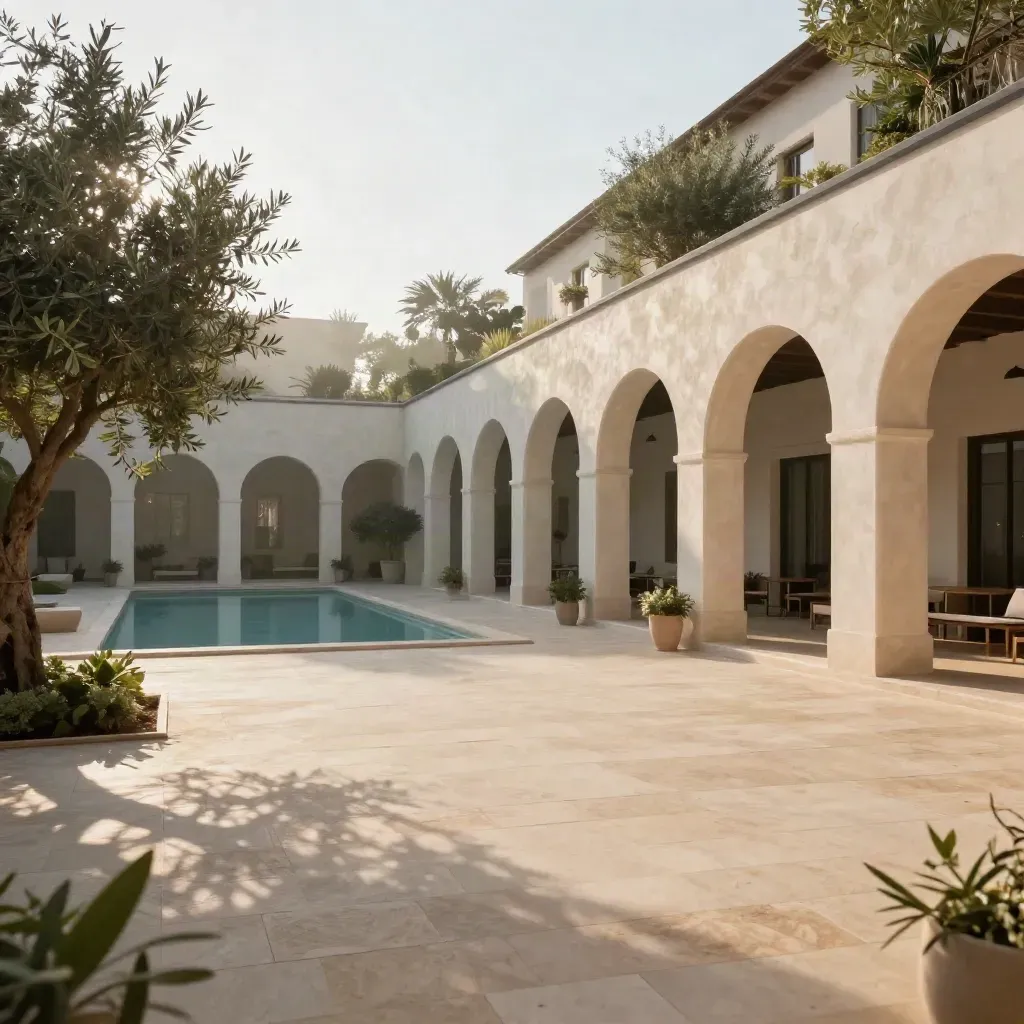 Cortile di boutique hotel al sorgere del sole, pietra chiara, ombre d’ulivo e piccola vasca.