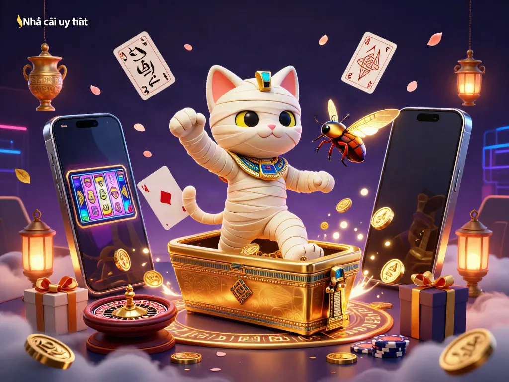 Experience thrilling action with Nhà cái uy tín showcasing a 3D cartoon Egyptian mummy cat in a vibrant casino scene.