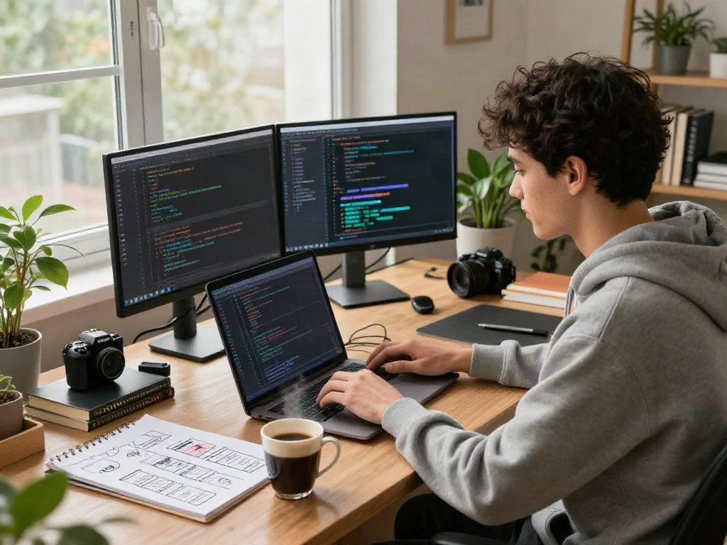 Developer coding an AI-powered application in a cozy home office, showcasing ai gf features and innovative design.